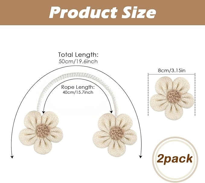 SRG Rope Curtain Tiebacks 2 Pack | Sunflower Curtain Tieback Boho | Simple Elegant DIY Curtain Holdbacks | Accessories Wall Decoration for Home Office（Cream）