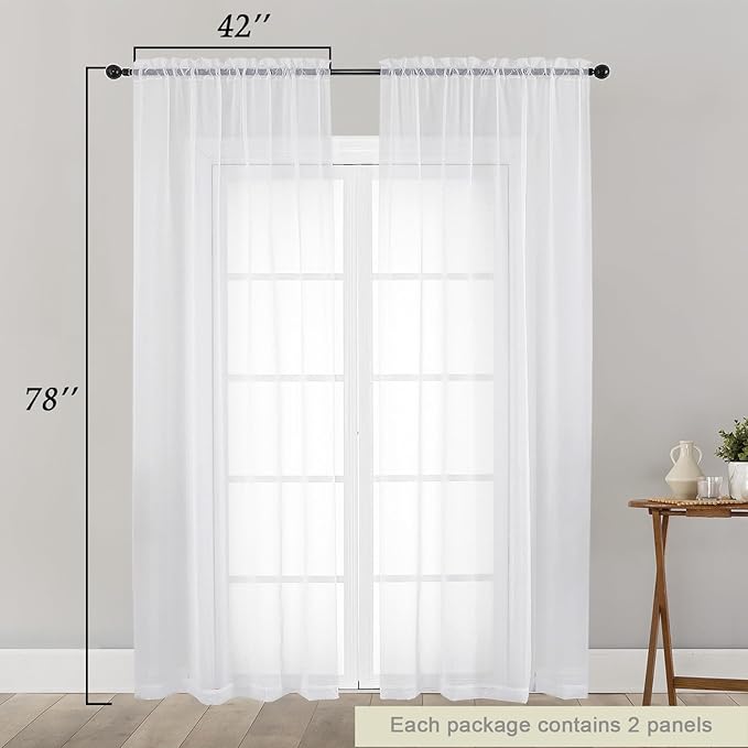 White Sheer Curtain for Bedroom Living Room 78 Inches Long 2 Panels Set, Solid Soft Airy Light Filtering Sheer Window Curtains, Modern Rod Pocket Door Curtain, White, 42" Wx78 L Inches