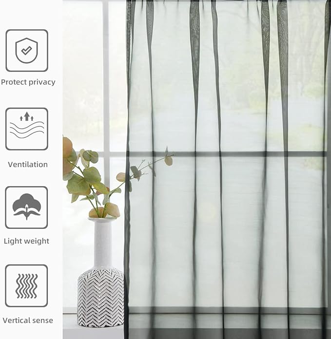 youleyar Solid Sheer Rod Pocket Curtain Voile Draperies 2 Panels White Beige Black Grey Coffee 70 Inch Width 96 Inch Long 1 Pair for Kitchen Bedroom Children Living Room Yard(Black,70Wｘ96L)