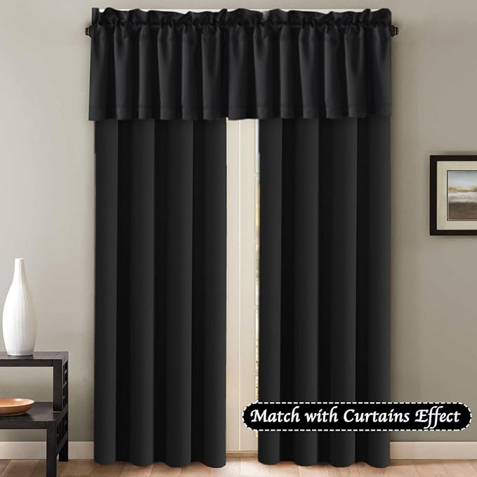 H.VERSAILTEX Blackout Valances for Window, Black Kitchen Valances Curtains for Living Room/Bedroom/Bathroom Short Window Privacy Decorative Rod Pocket 2 Packs, 52" W x 18" L, Black