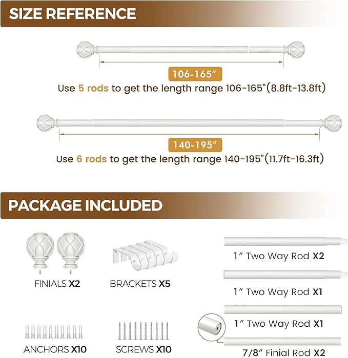 KAMANINA 1 Inch Extra Long Curtain Rod 140 to 195 Inches White Heavy Duty Curtain Rods for Windows 120 to 170 Inch, Adjustable Drapery Rods with Netted Texture Finials