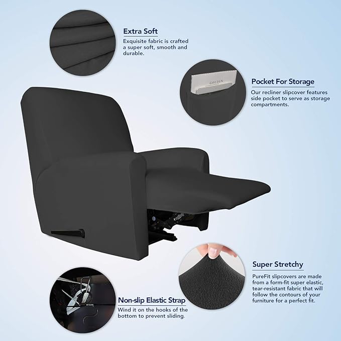 PureFit Super Stretch Chair Sofa Slipcover with Pocket – Spandex Non Slip Soft Couch Sofa Cover, Washable Furniture Protector with Elastic Bottom for Kids, Pets （Recliner, Dark Gray）
