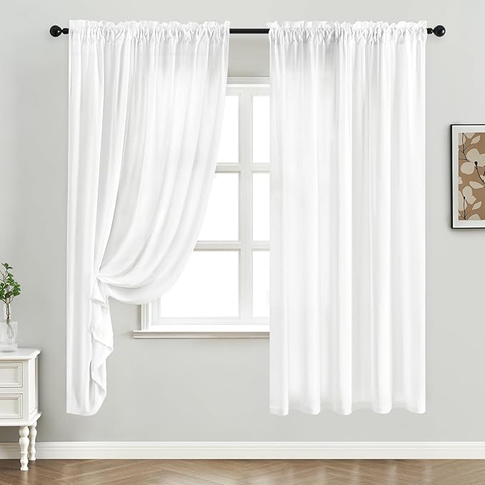 HOMEIDEAS Non-See-Through White Privacy Sheer Curtains, 52 X 72 Inches Long 2 Panels Sheer Curtains Light Filtering Window Drapes for Bedroom Living Room