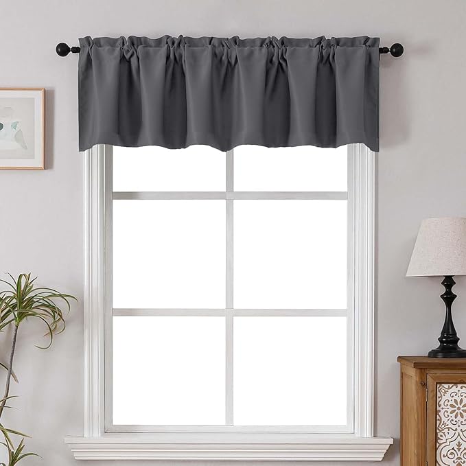 Chyhomenyc Blackout Valances for Windows, Short Window Valance Curtains for Living Room Bedroom Bathroom, Room Darkening Solid Privacy Small Kitchen Valances, 60Wx16L, 2 Pack, Charcoal Grey
