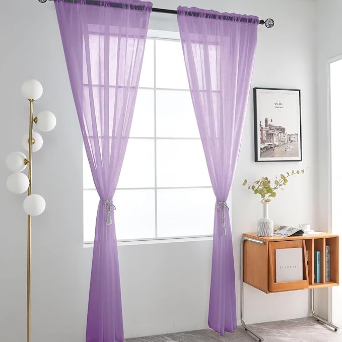 SpaceDresser Lavender Sheer Curtains 4 Panels Rod Pocket Semi-Sheer Curtain 108 Inches Long Light Filtering Voile Window Drapes for Bedroom Living Room Kitchen, Each 52W x 108L