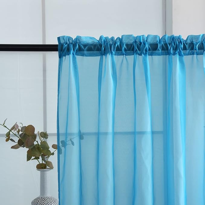 SpaceDresser Basic Rod Pocket Sheer Voile Window Curtain Panels Cyan Blue 1 Pair 2 Panels 52 Width 96 Inch Long for Kitchen Bedroom Children Living Room Yard(Cyan Blue,52 W x 96 L)