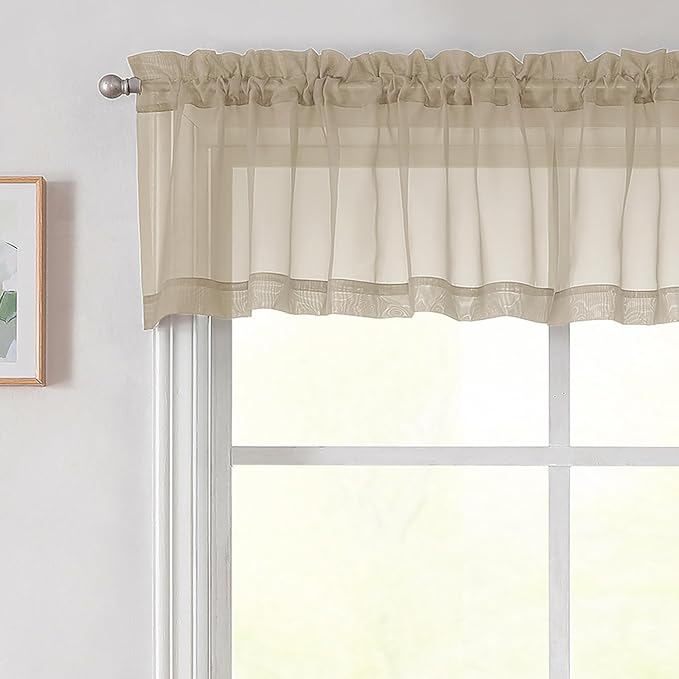 Taupe Valances for Windows, Taupe Sheer Curtains 14 Inch Length 2 Pack Kitchen Drapes, Modern Solid Mini Small Window Curtains for Cafe Bathroom Basement, Each 42" Wx14 L Inches
