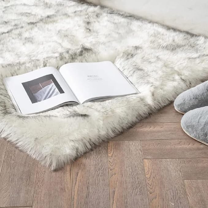 ORINOVA White and Grey Faux Fuzzy Fur Sheepskin Washable Area Rugs for Living Room 2x3 Boho Shag Nursery Rug Cute Home Décor