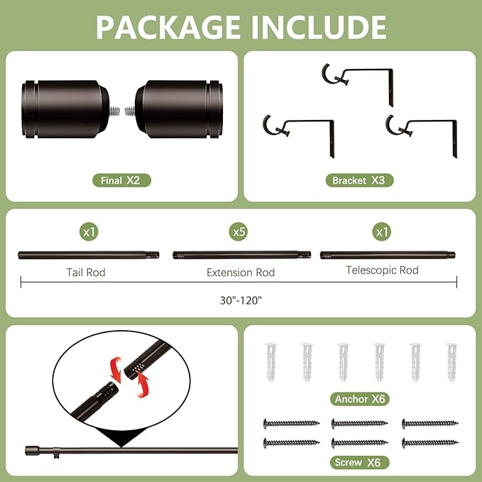 5/8” Diameter Curtain Rods 30-120 Inch, for 30-114 Inch Windows, Adjustable Splicing Antique Bronze Curtain Rods for Windows with Brackets, Window Rod Long Small Curtains Rod