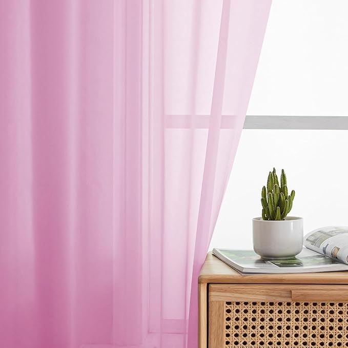 Aiyufeng Light Pink Sheer Curtains 90 Inches Long 2 Panels Set, Semi Transparent Voile Rod Pocket Sheer Window Drapes for Bedroom Bed Canopy Living Room Dining Wedding Party Backdrop, 42W x 90L inch