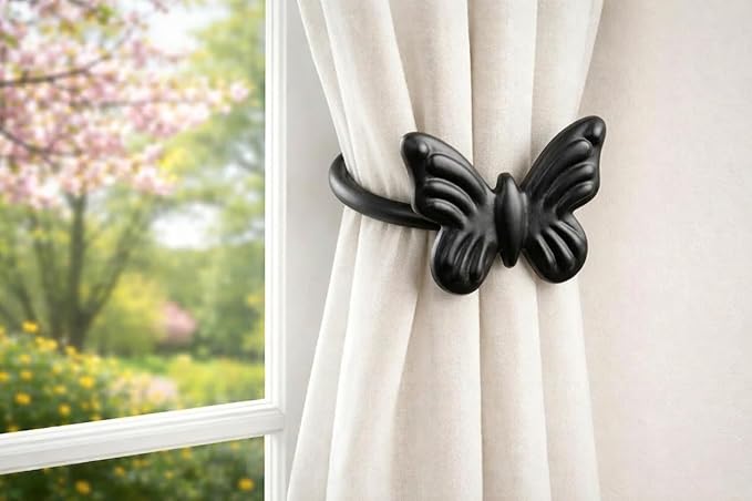 RTZEN Decorative Metal Curtain Tiebacks - Farmhouse Wrought Iron Curtain Holdbacks - Drapery Holders for Wall - Unique Metal Tie Backs for Curtains - 2 Pcs (Black Butterfly)
