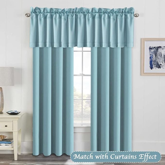 H.VERSAILTEX Blackout Valances for Windows，Kitchen Valances Curtains for Living Room/Bedroom/Bathroom Privacy Decorative Rod Pocket ，2 Packs，52" W x 18" L, Aqua