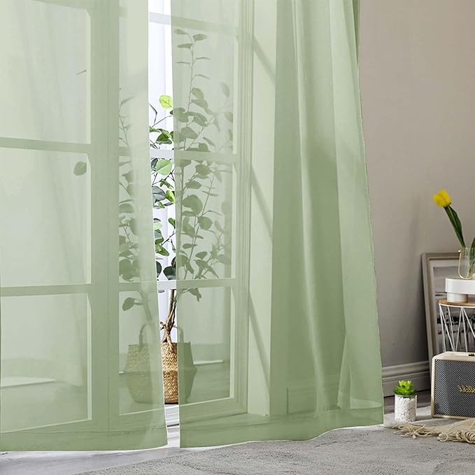 Light Green Sheer Curtains for Bedroom Living Room 45 Inch Length 2 Panels, Soft Airy Light Filtering Small Kitchen Window Curtains, Rod Pocket Short Curtain Drapes, 42" Wx45 L Inches