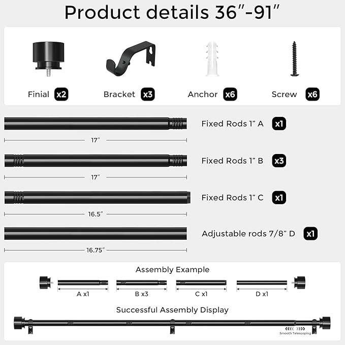 Curtain Rods for Windows 48 to 84 Inch, Black Modern 1 Inch Window Treatment Rods with Black End Cap Finials, Decorative Adjustable Heavy Duty Easy Install Drapery Rods for Bedroom Living Room