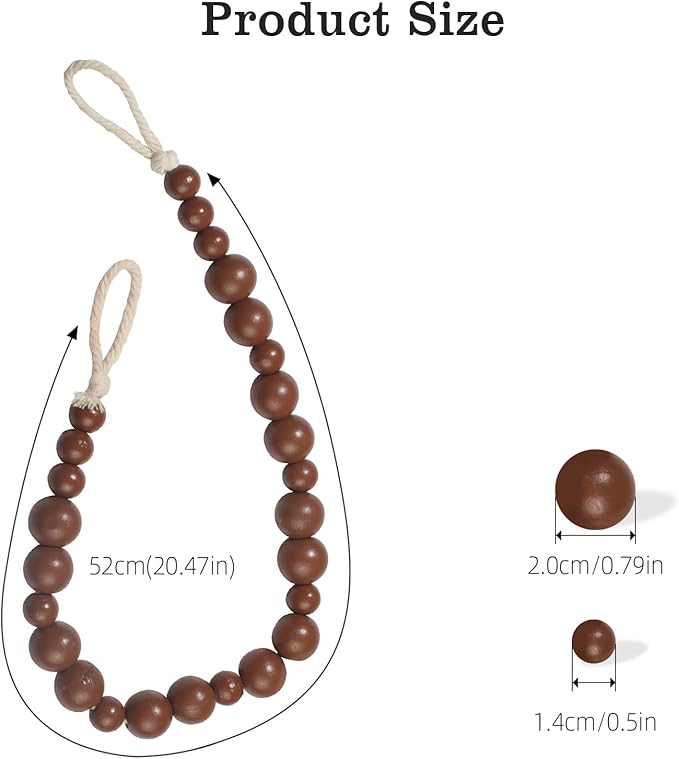 Hion 4 Pcs Boho Curtain Tiebacks,Wood Beads Curtain Holdbacks,Outdoor Farmhouse Tie Backs for Curtains,Curtain Holders for Drapes Home Office Room Decor with Hooks(Coffee)