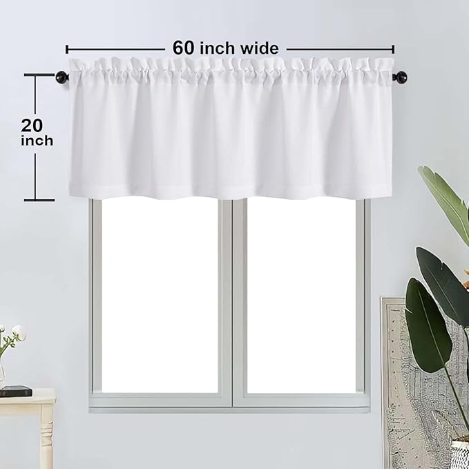 OWENIE Bob 1 PCS White Valances for Windows, Faux Linen Textured Kitchen Window Curtains Valance for Bedroom Living Room, Modern Soft Airy Solid Rod Pocket Bathroom Cafe Curtain, 60Wx20L Inch