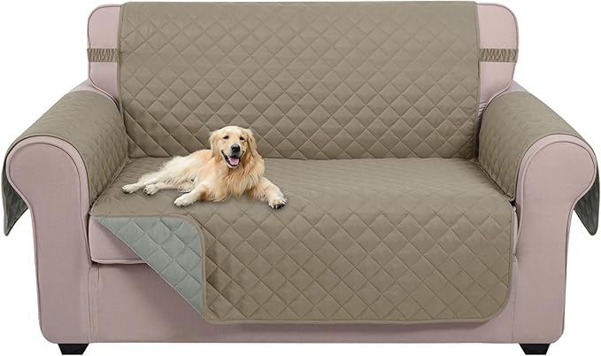 U-NICE HOME Loveseat Sofa Cover Reversible Couch Cover for Dogs with Elastic Straps Water Resistant Furniture Protector for Pets Couch Cover for 2 Cushion Couch (Loveseat, Khaki/Light Grey)