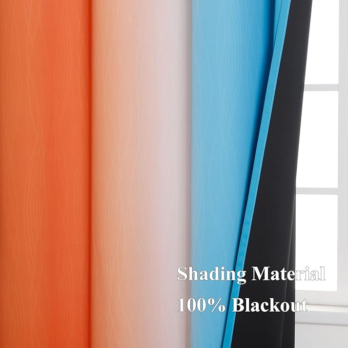 Ombre Orange and Blue Blackout Curtains 72 Inch Length 2 panels, Full Room Darkening Curtains for Bedroom, Thermal Insulated Gradient Drapes, Full Light Blocking Curtains with Grommet, 52x72 Inch