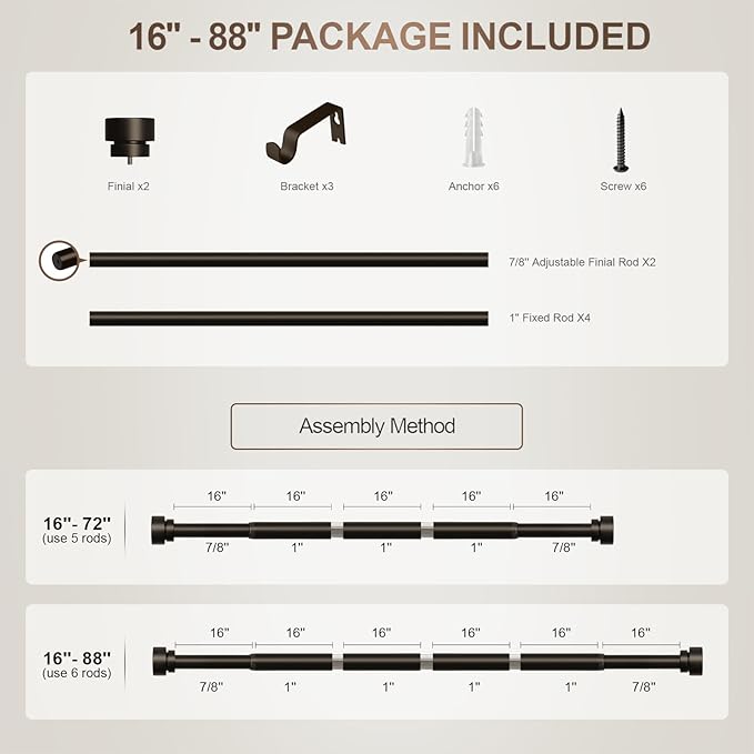 Lootkell Modern Brown Curtain Rods for Windows 48 to 84 Inches Adjustable Length Heavy Duty 1" Diameter Window Curtain Rod with Decorative Finials for Outdoor Farmhouse Bedroom Kitchen Living Room