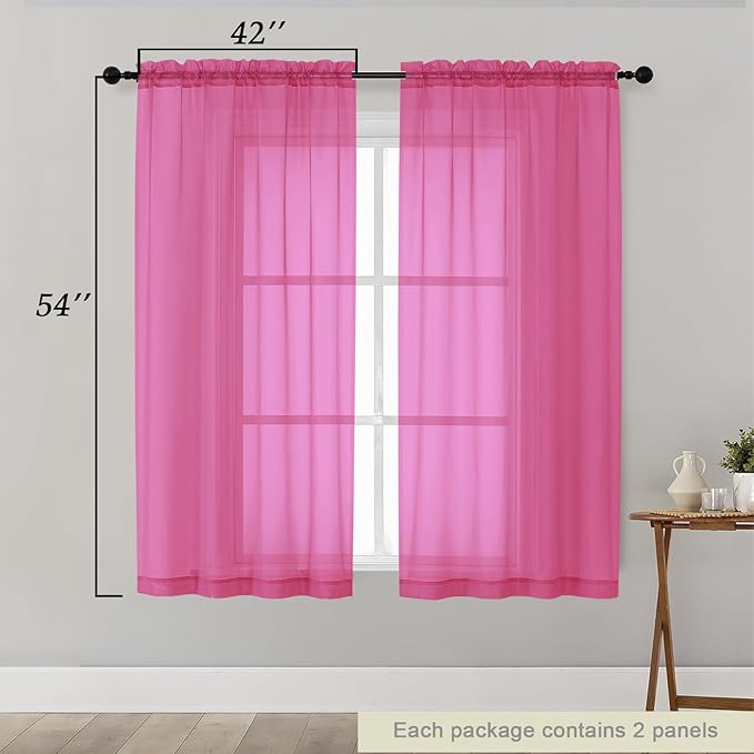 Hot Pink Sheer Curtains for Bedroom Living Room 54 Inch Length 2 Panels Set, Solid Soft Airy Light Filtering Window Treatments, Modern Rod Pocket Drapes, Hot Pink, 42" Wx54 L Inches