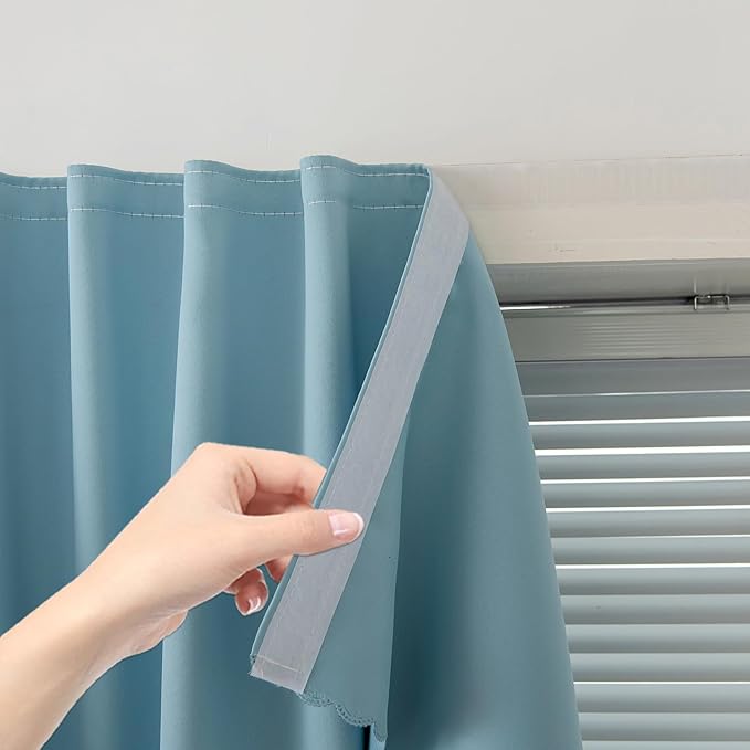 Self Adhesive Curtains, Black Out Shade for Window, Blackout Fabric Temporary Window Coverings Easy to Hang Curtains No Rod Needed, Use for Bedroom, Room, Kitchen, 35"W X 79"L, Lake Blue, 1 Panel