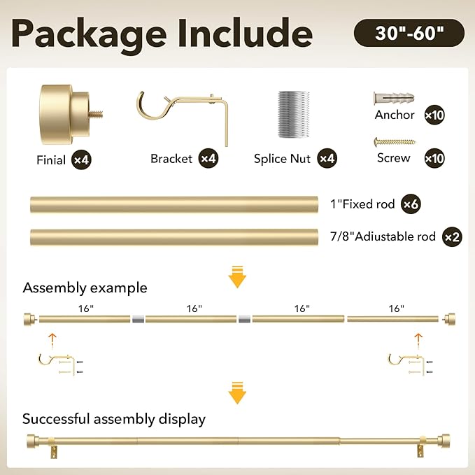 IFELS 2 Pack Heavy Duty Curtain Rods for Windows 28 to 48 Inch, 1 Inch Gold Adjustable Curtain Rod Set with Easy Installation and Modern Design (A1,Gold,30-60",2Pack)