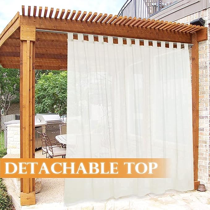 RYB HOME Sheer Outdoor Curtains - Detachable Sticky Tab Top Waterproof Sheer Curtains for Patio Gazebo Porch Pool Case Indoor Outdoor Decor, Beige, 1 Gift Rope, W 54 x L 120 inch Long