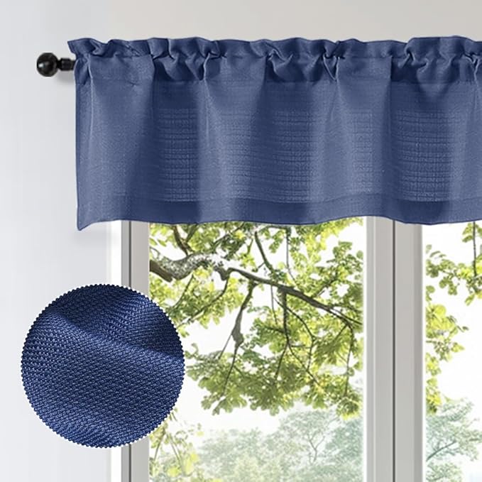 OWENIE Bob 1 PCS Blue Valances for Windows, Faux Linen Textured Kitchen Window Curtains Valance for Bedroom Living Room, Modern Soft Airy Solid Rod Pocket Bathroom Cafe Curtain, 60Wx16L Inch
