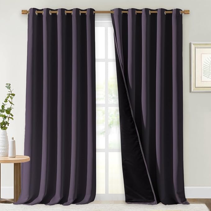 NICETOWN Full Shading Curtains for Windows, Greyish Purple, Pack of 2, 70 inches W x 95 inches L, Super Heavy-Duty Black Lined Blackout Curtains for Bedroom, Privacy Assured Window Treatment
