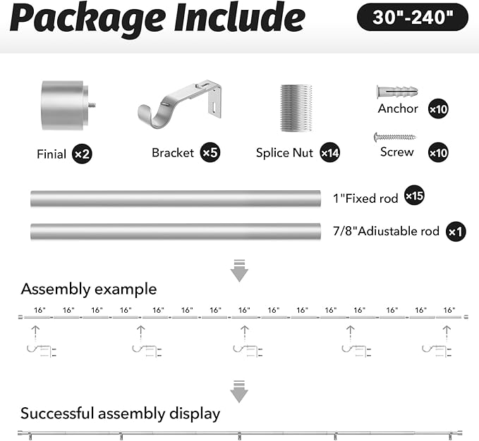 GEEBOBO Silver Curtain Rods for Windows 120 to 240 Inch, 1 Inch Extra Long Heavy Duty Easy Install Adjustable Curtain Rods Set for Outdoor, Farmhouse, Bedroom, Living Room (Silver, 30"-240")