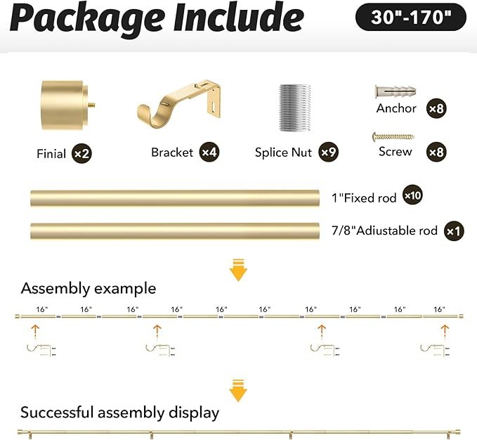 GEEBOBO Gold Curtain Rods for Windows 120 to 170 Inch, 1 Inch Extra Long Heavy Duty Easy Install Adjustable Curtain Rods Set for Outdoor, Farmhouse, Bedroom, Living Room (Gold, 30"-170")