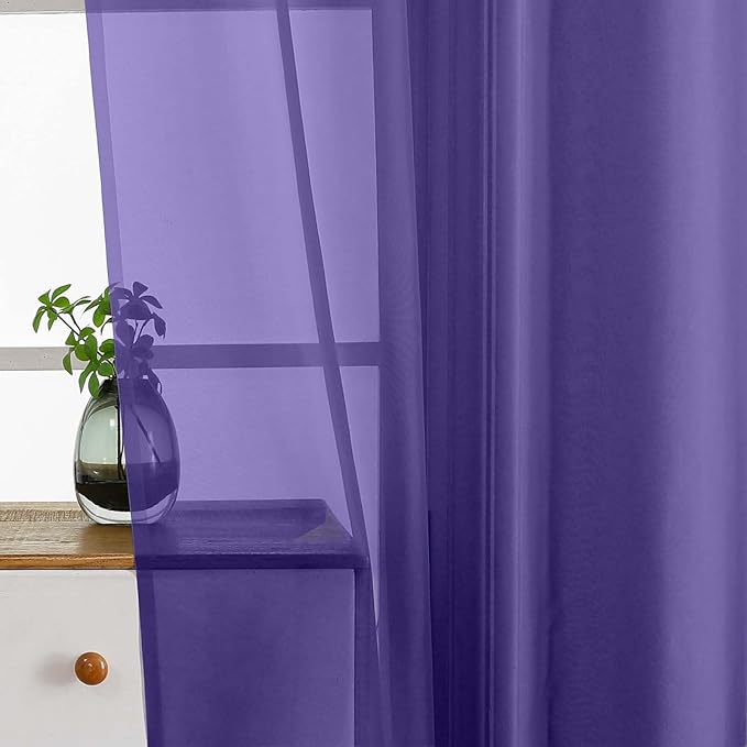 Purple Small Sheer Curtains 2 Panels Set, Kitchen Curtains 36 Inch Length, Elegant Light Filtering Short Window Drapes for Living Room Bedroom, Dual Rod Pocket Design, 2x42Wx36L Inches