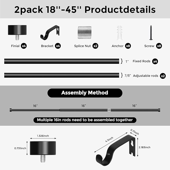 VOIIY 2 Pack Curtain Rods for Windows 18 to 42 Inch(1.5-3.5 Feet),Black 1'' Diameter Drapery Rods with End Cap Style Design,Modern Adjustable Heavy Duty Curtain Rod,Size:18''-42''