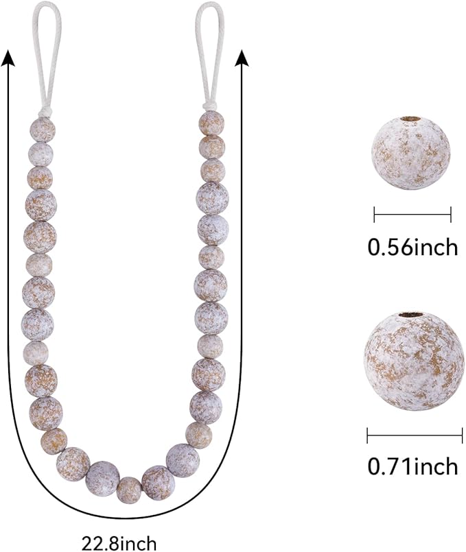 Wood Bead Curtain Tiebacks, KLOGTSIND Set of 2 Curtain Holdbacks for Thin or Thick Window Draperies, Boho Farmhouse Curtain Tiebacks with Hooks, Curtain Tie Backs for Home Office Room Decor