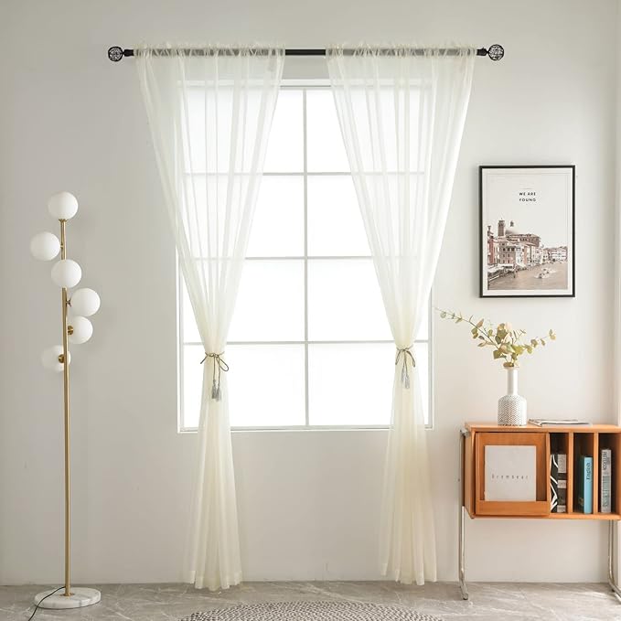 SpaceDresser Basic Rod Pocket Sheer Voile Window Curtain Panels Ivory 1 Pair 2 Panels 52 Width 96 Inch Long for Kitchen Bedroom Children Living Room Yard(Ivory,52 W x 96 L)
