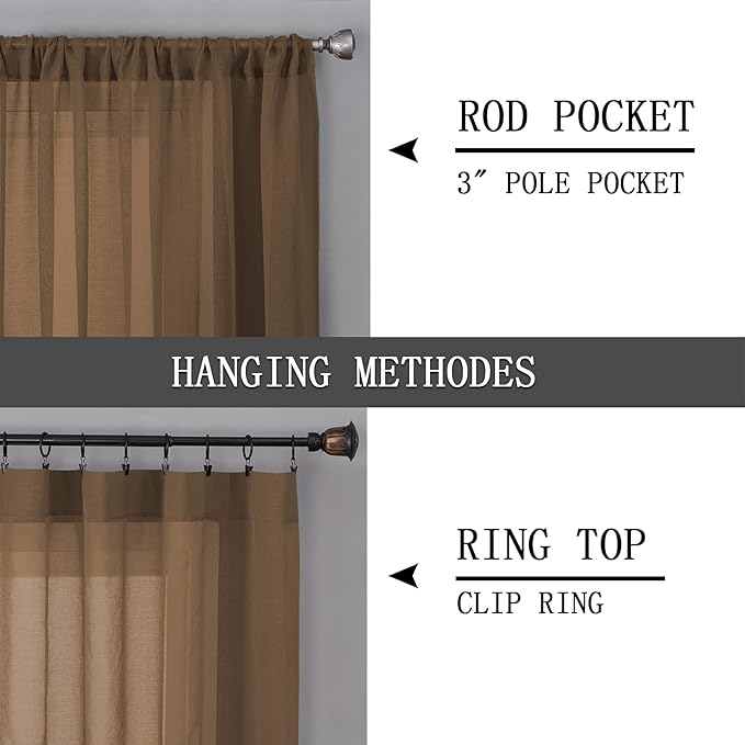 Tollpiz Short Sheer Curtain Living Room Linen Textured Curtains Sheer Light Filtering Voile Rod Pocket Curtain for Bedroom, 38 x 54 inches Long, Brown, Set of 2 Panels