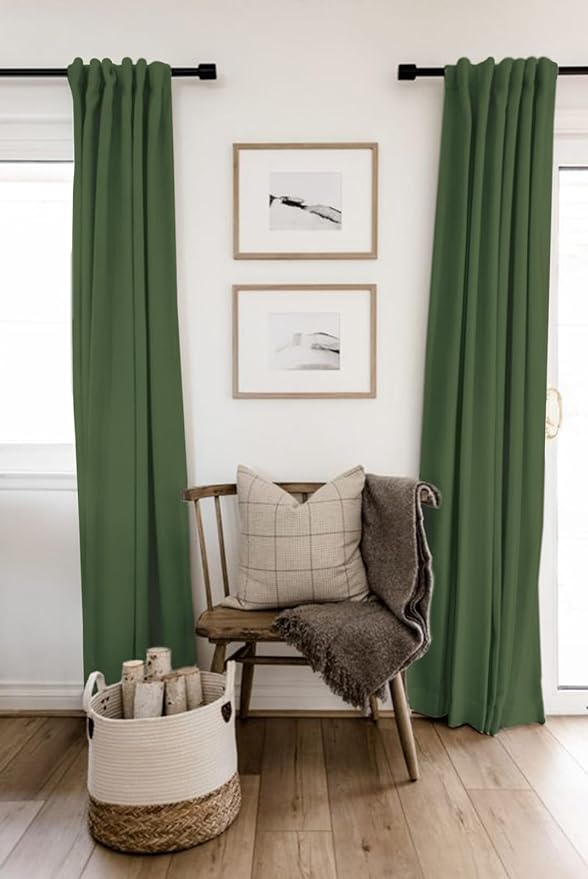 100% Blackout Shield Linen Blackout Curtains for Bedroom 63 Inches Long, Back Tab/Rod Pocket Living Room Drapes, Thermal Insulated Blackout Curtains 2 Panels Set, 50" W x 63" L, Moss Green