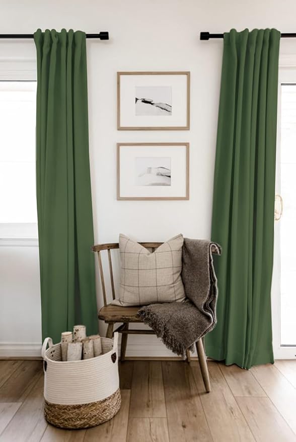 100% Blackout Shield Linen Blackout Curtains for Bedroom 108 Inches Long, Back Tab/Rod Pocket Living Room Drapes, Thermal Insulated Blackout Curtains 2 Panels Set, 50" W x 108" L, Moss Green