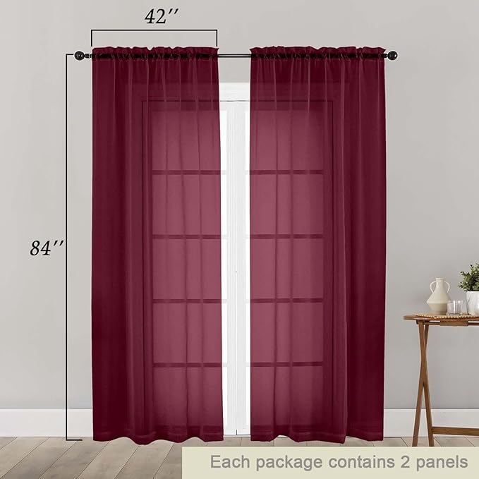 Burgundy Sheer Curtains 84 Inches Long 2 Panels Set for Bedroom Living Room, Soft Airy Light Filtering Modern Solid Rod Pocket Drapes Window Treatments, Burgundy, Each 42" W x 84" L