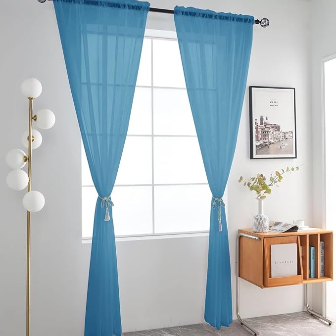 SpaceDresser Basic Rod Pocket Sheer Voile Window Curtain Panels Blue 1 Pair 2 Panels 52 Width 90 Inch Long for Kitchen Bedroom Children Living Room Yard（Blue, 52W x 90L）