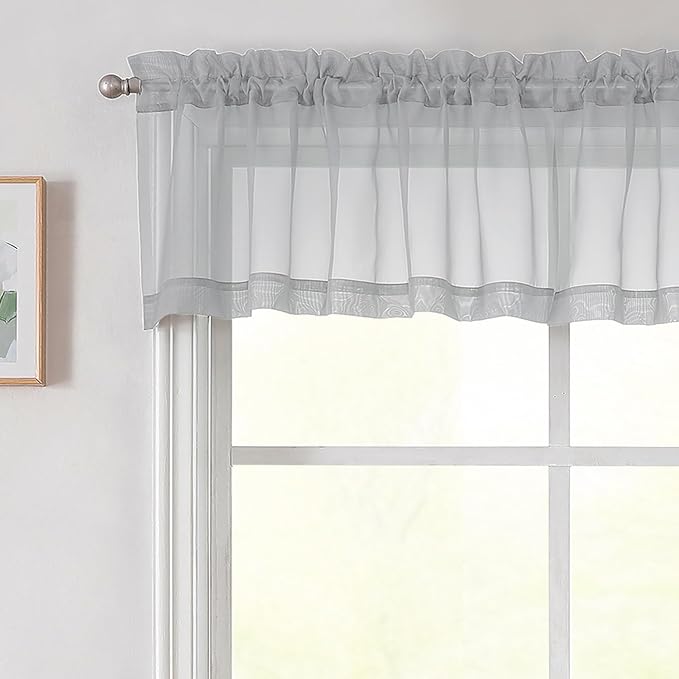 Light Grey Valances for Windows, Light Grey Sheer Curtains 14 Inch Length 2 Pack Kitchen Curtain, Modern Solid Mini Small Window Curtains for Cafe Bathroom Basement, Each 42" Wx14 L Inches
