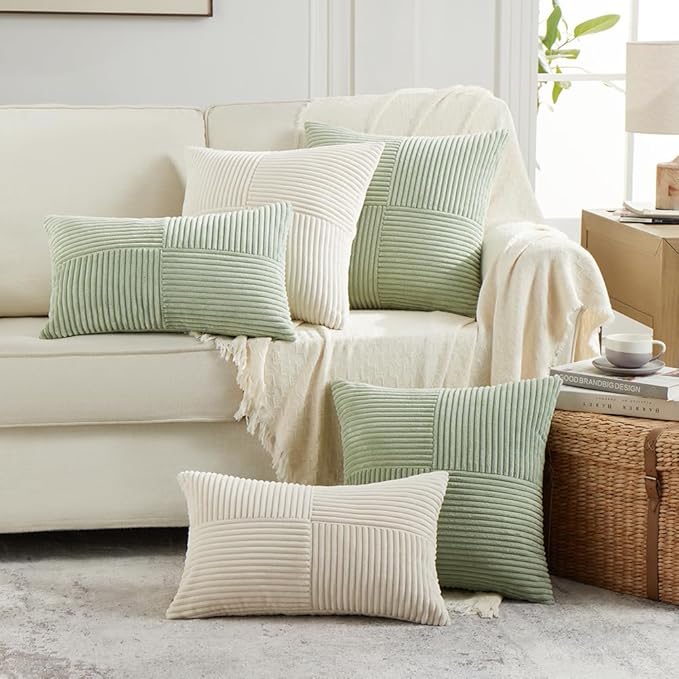 Fancy Homi 2 Packs Sage Green Lumbar Decorative Throw Pillow Covers 12x20 Inch for Living Room Couch Bed, Rustic Farmhouse Boho Home Decor, Soft Striped Corduroy Rectangle Accent Cushion Case 30x50 cm