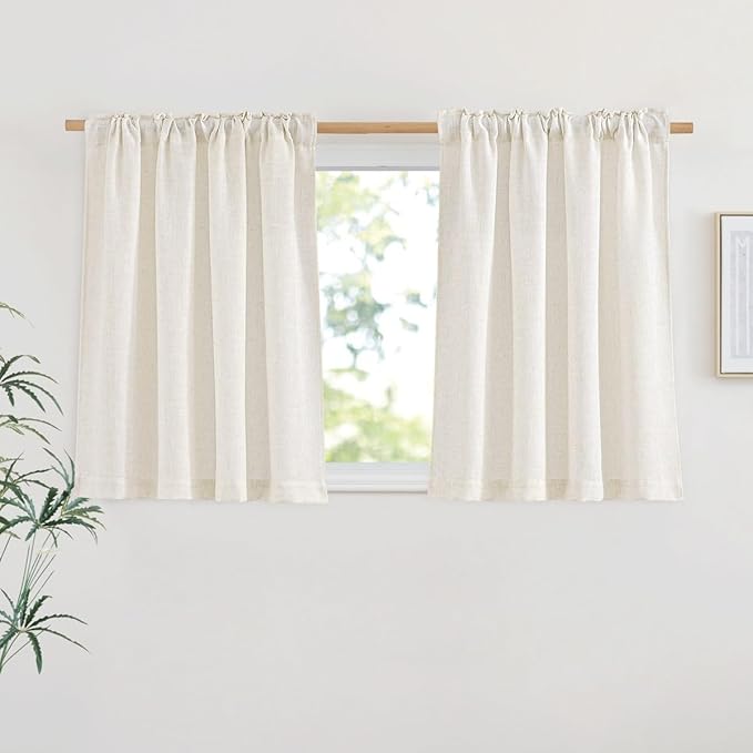 NICETOWN Linen Curtains 45 inch Length for Kitchen, Rod Pocket & Back Tab Semi Sheer Flax Linen Window Treatments Privacy with Light Filtering for Bedroom, Natural, W29 x L45, 2 Pieces