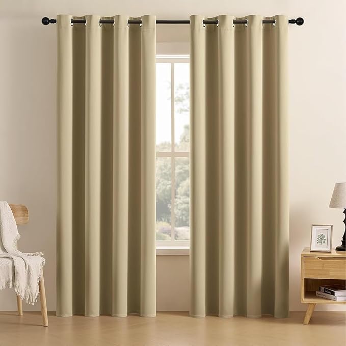 Joydeco Blackout Curtains for Bedroom 90 inch Long 2 Panels, Thermal Insulated Room Darkening Curtains with Grommets, Soft Window Drapes for Living Room (W52 x L90 Inch, Beige)