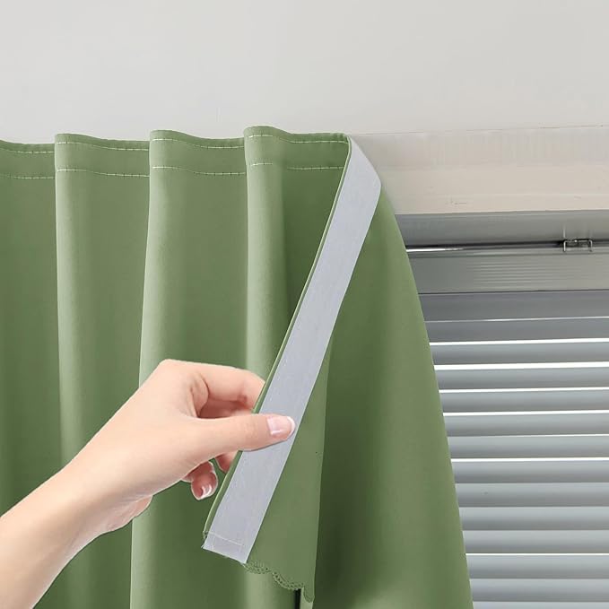 Magic Tape Blackout Curtains for Bedroom No Drillng Self Adhesive Curtains No Rod Small Window, 59" W X 84" L, Sage Green, 1 Panel