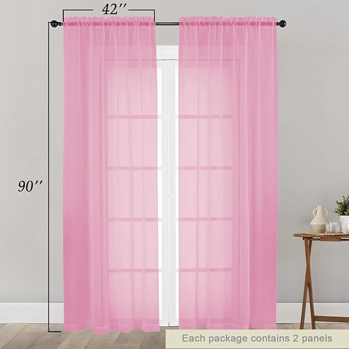 Sheer Pink Curtains for Bedroom Living Room 90 Inches Long 2 Panels Set, Soft Airy Light Filtering Sheer Window Treatments, Modern Rod Pocket Curtains Drapes, Each 42" Wx90 L Inch