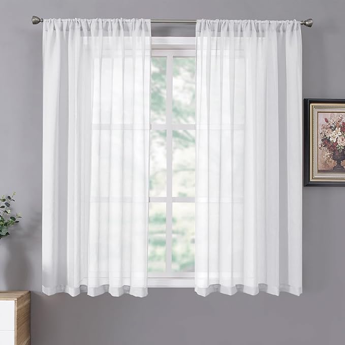 Tollpiz Short Sheer Curtains Living Room Linen Textured Curtain Sheers Light Filtering Voile Rod Pocket Curtains for Bedroom, 38 x 45 inches Long, White, Set of 2 Panels