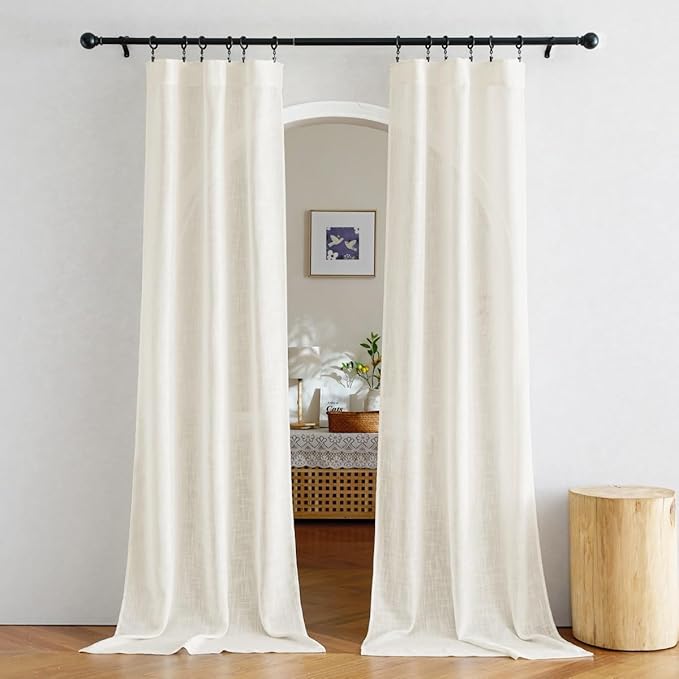 NICETOWN Faux Linen Sheer Curtains 80 inch Length for Doorway, Rod Pocket & Back Tab Semi Sheer with Light Through Window Treatments for Farmhouse/Bedroom, Natural, W34 x L80, Set of 2