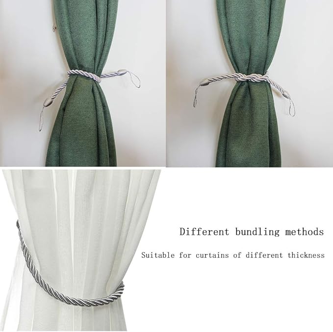BEL AVENIR Curtain Rope Tiebacks, Drapery Rope Holdbacks with 4 Metal Screw Hooks, 2 Pair - Silver