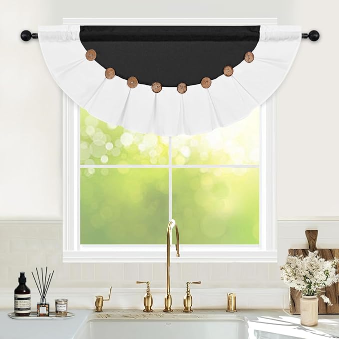 FRAMICS Farmhouse Valance Curtains, Boho Cotton Linen Kitchen Valance, Black Rustic Button Window Valances for Bedroom, Country Rod Pocket Valances for Windows, Semi-Circular, Black, 52 x 18 Inch